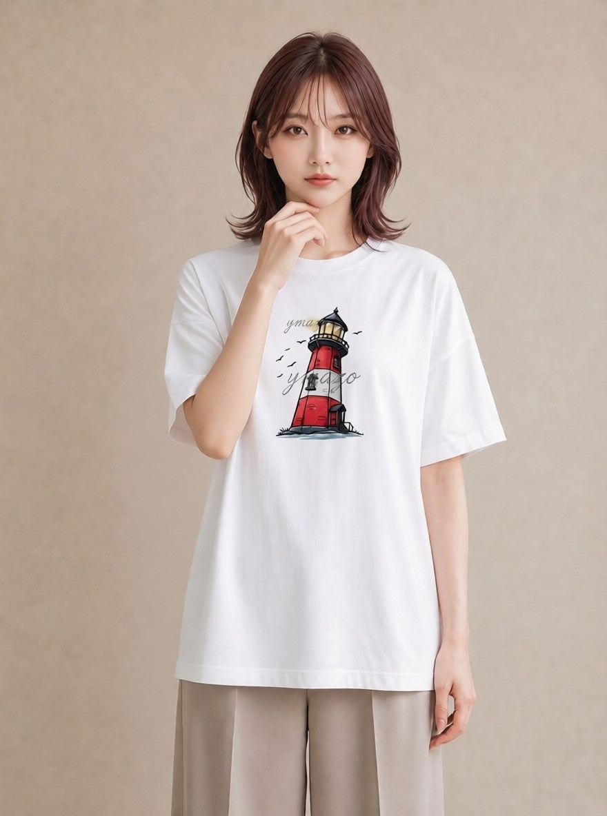 デザインTシャツ レディース 灯台 霧 海 ナチュラル アンティーク イラスト 手描き風 ホワイトデー 春服 白T