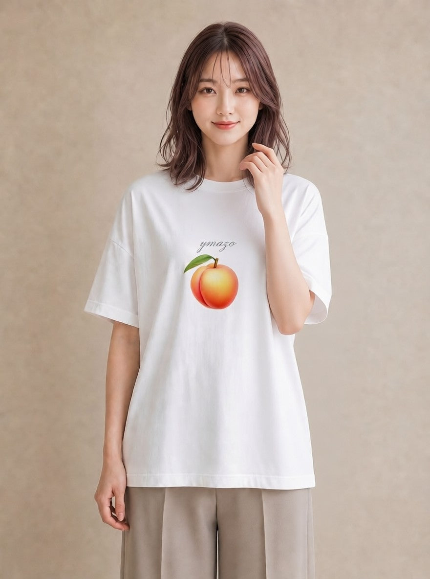 半袖Tシャツ レディース もも 食べ物 フード イラスト 旅行コーデ 休日 ペアコーデ 白T