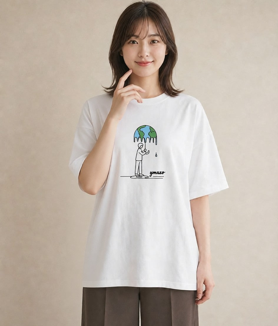 半袖Tシャツ レディース 窓辺の雨 雨の日 窓 ナチュラル アンティーク イラスト ポップ 在宅 公園 白T