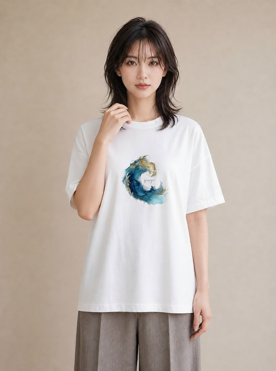 プリントTシャツ レディース 波 星空 宇宙 イラスト こなれ感 通勤 在宅 白T