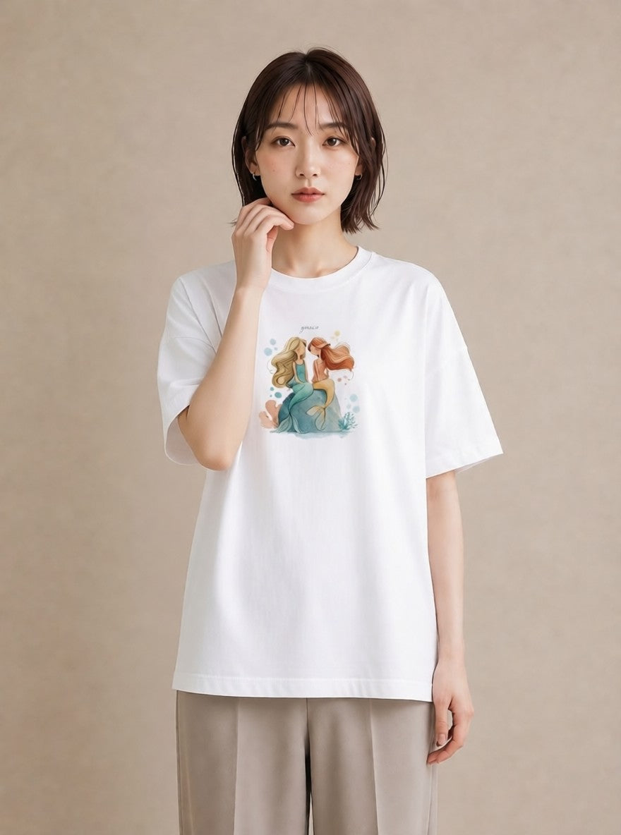 プリントTシャツ レディース 人魚 海の生き物 海 イラスト 韓国風 帰省 ラフ 白T