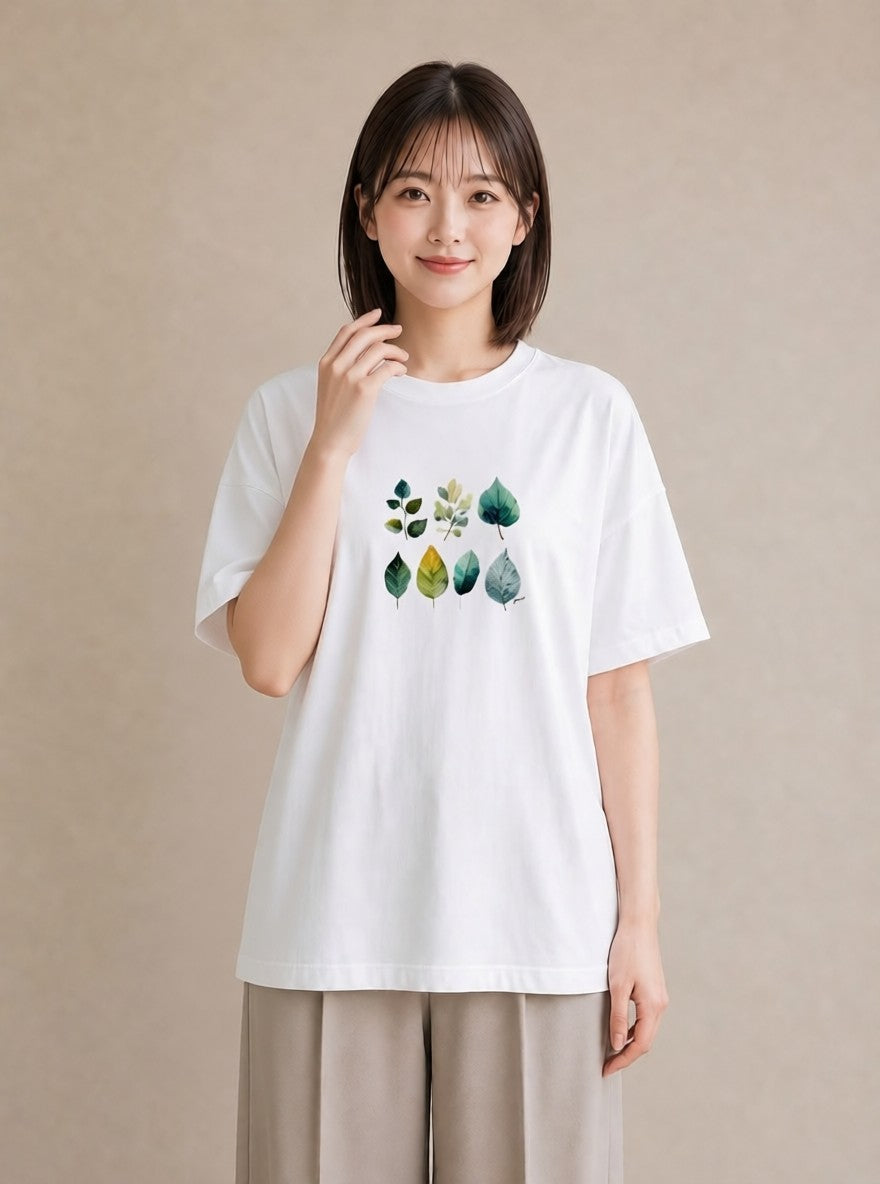 デザインTシャツ レディース 葉っぱ 植物 ボタニカル イラスト 線画 親子 20代 白T