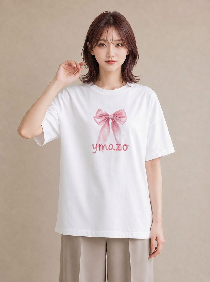 プリントTシャツ レディース リボン 蝶結び ナチュラル アンティーク イラスト フェミニン 休日 ペアコーデ 白T