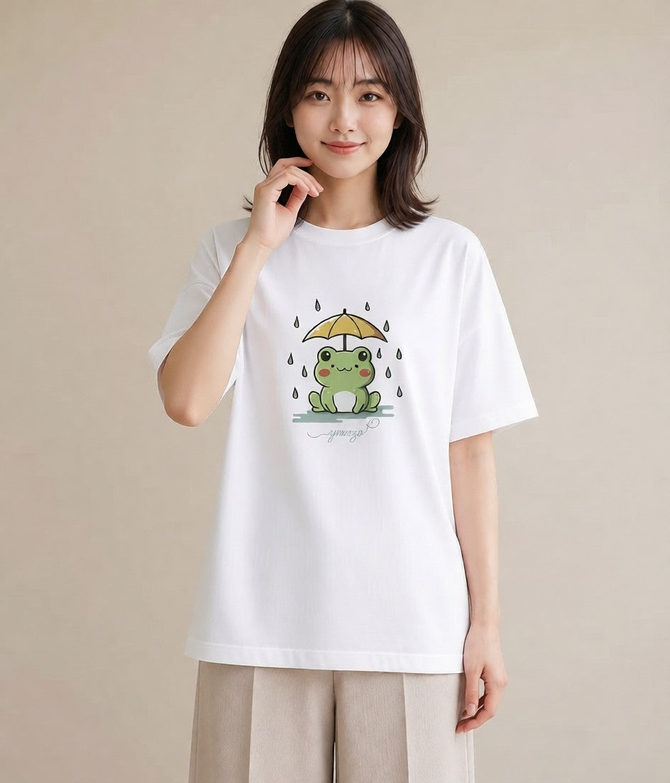 プリントTシャツ レディース 傘 水たまり 雨 ナチュラル アンティーク イラスト きれいめ デート 帰省 白T