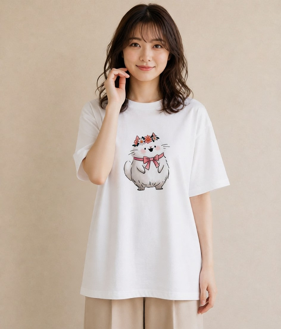 デザインTシャツ レディース 白猫 猫 ねこ イラスト レトロ カフェ巡り 女子会 白T