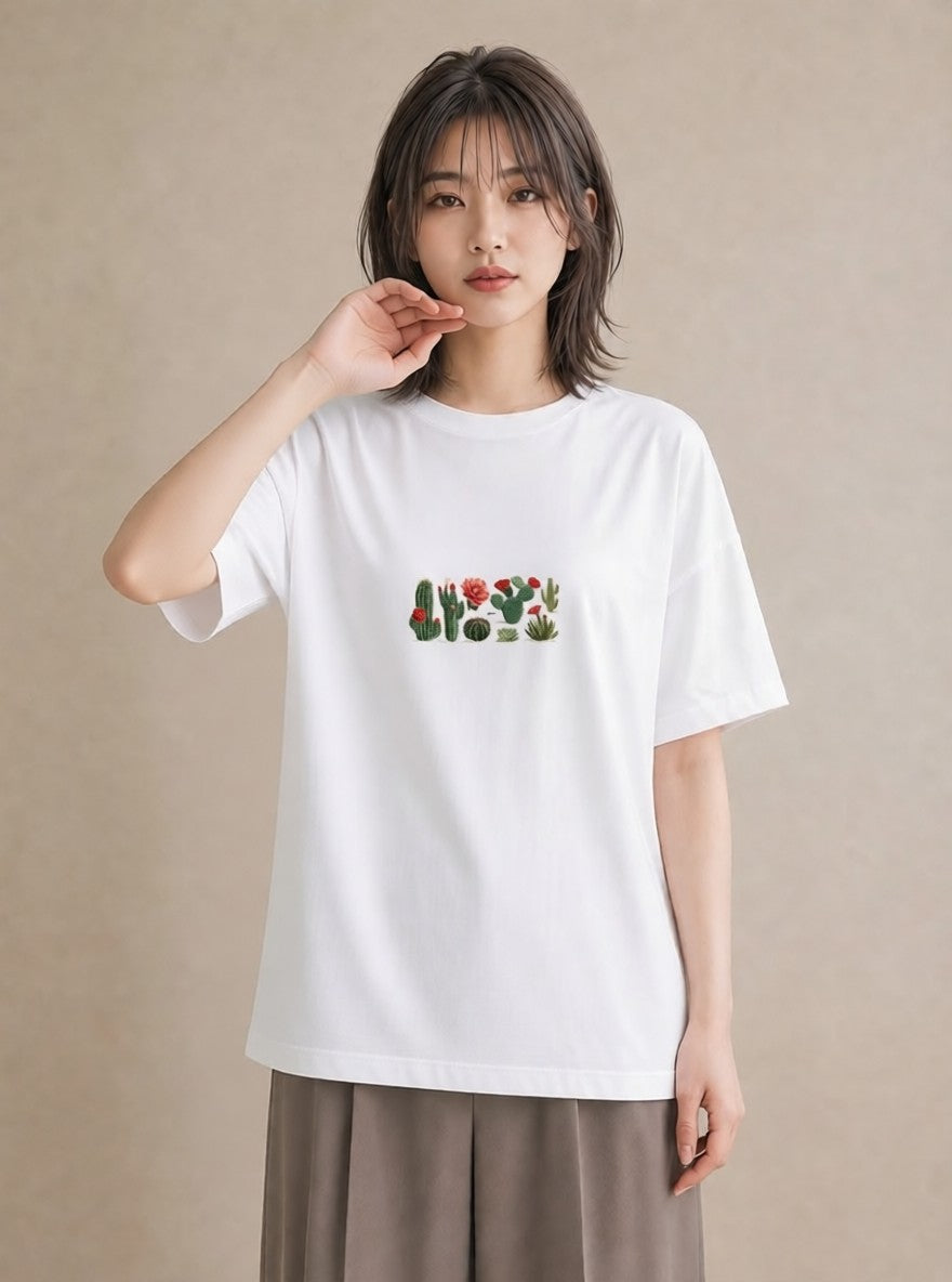 デザインTシャツ レディース サボテン 植物 ボタニカル イラスト ラフ 女性 旅行用 白T