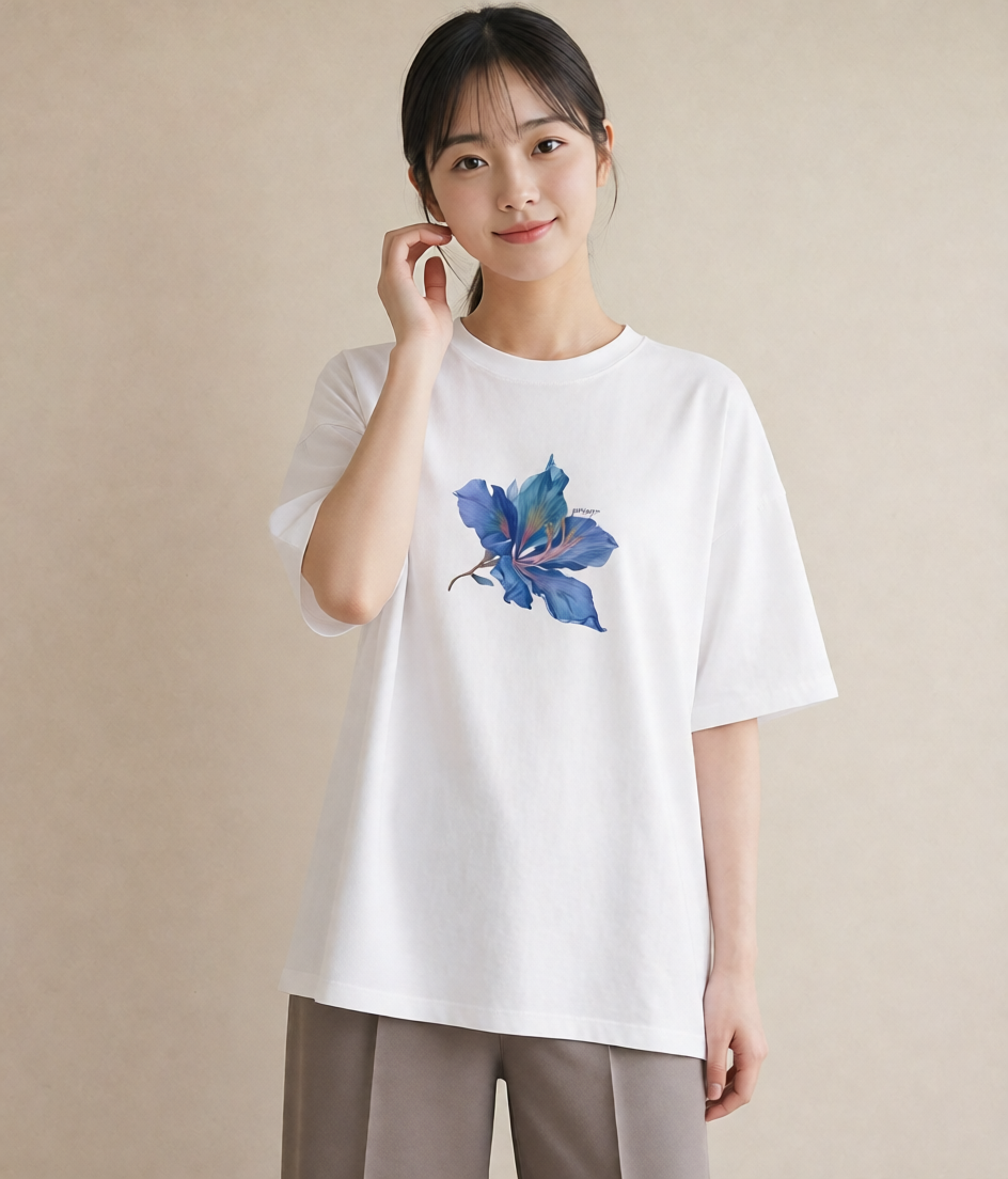 半袖Tシャツ レディース あさがお 朝顔 花 花柄 イラスト アート風 海 カフェ巡り 白T