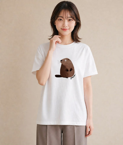 プリントTシャツ レディース カワウソ 動物 アニマル イラスト 北欧風 公園 ママ 白T