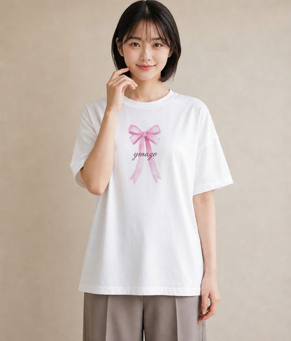 半袖Tシャツ レディース リボン 蝶結び ナチュラル アンティーク イラスト ポップ 母娘コーデ 自分用 白T