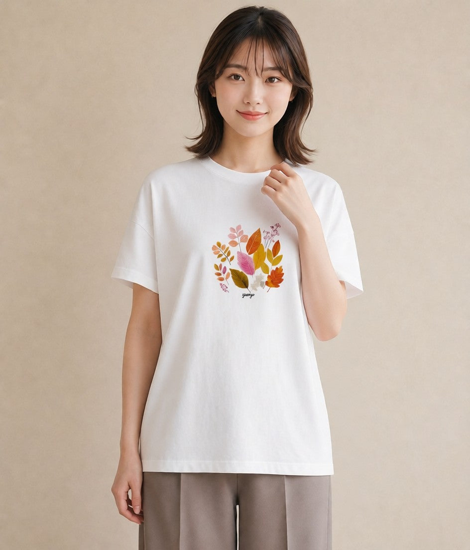 プリントTシャツ レディース 落ち葉 植物 ボタニカル イラスト ヴィンテージ風 デイリーウェア 休日 白T