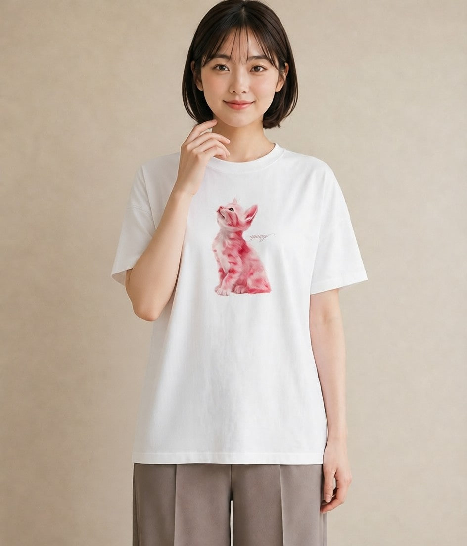 半袖Tシャツ レディース しっぽ 猫 ねこ イラスト アート風 ギフト 母の日 白T