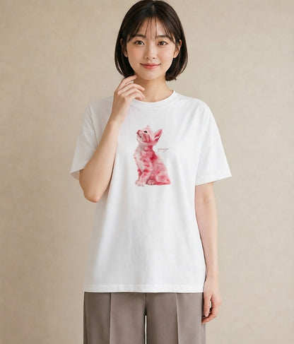 半袖Tシャツ レディース しっぽ 猫 ねこ イラスト アート風 ギフト 母の日 白T