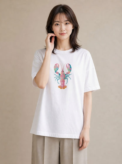デザインTシャツ レディース カニ 海の生き物 海 イラスト きれいめ 通勤 在宅 白T