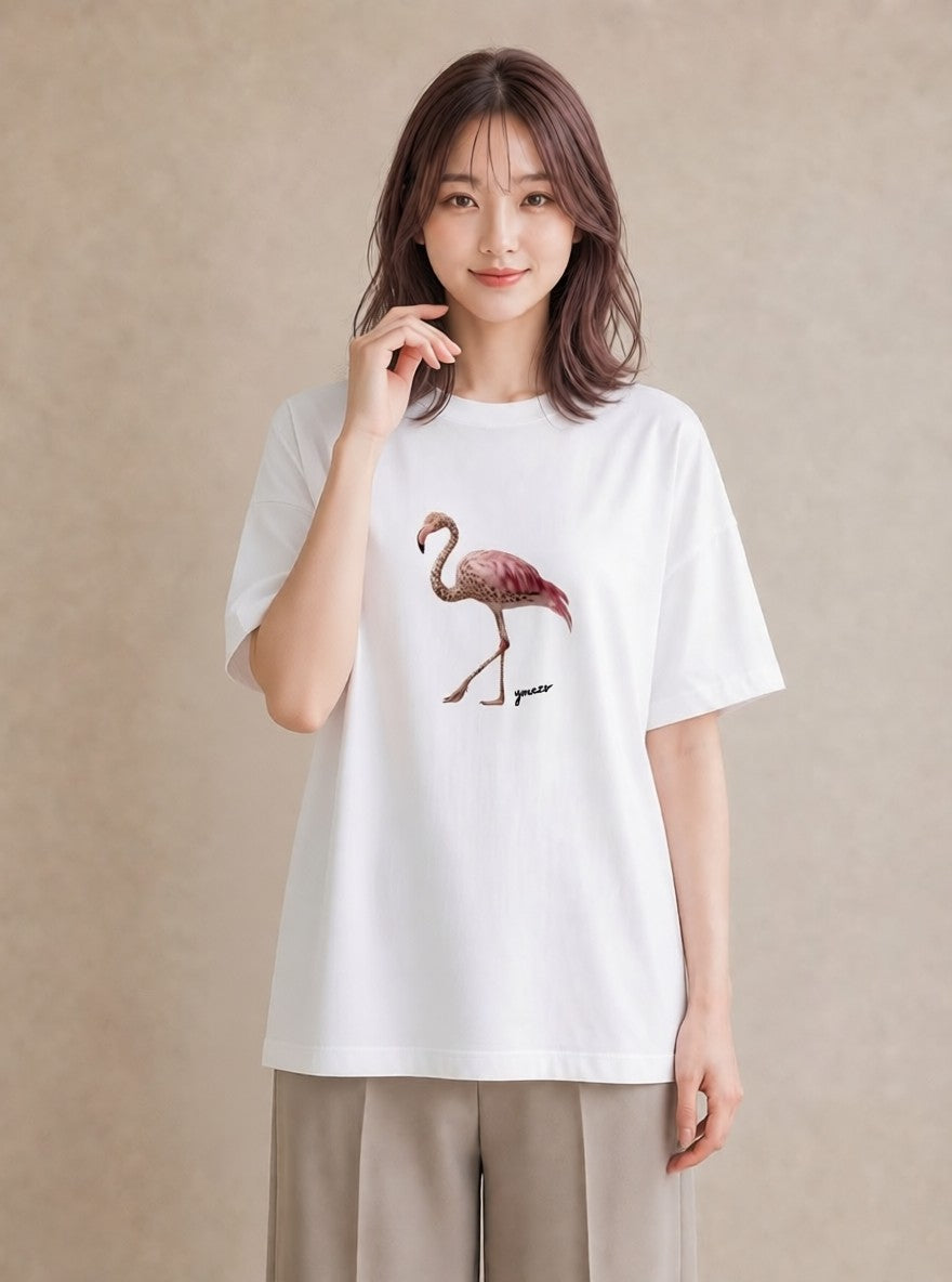 Tシャツ レディース フラミンゴ 動物 アニマル イラスト 抜け感 公園 ママ 白T