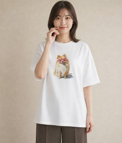 半袖Tシャツ レディース ポメラニアン ポメ 犬 いぬ イラスト ラフ 綿100 デート 白T