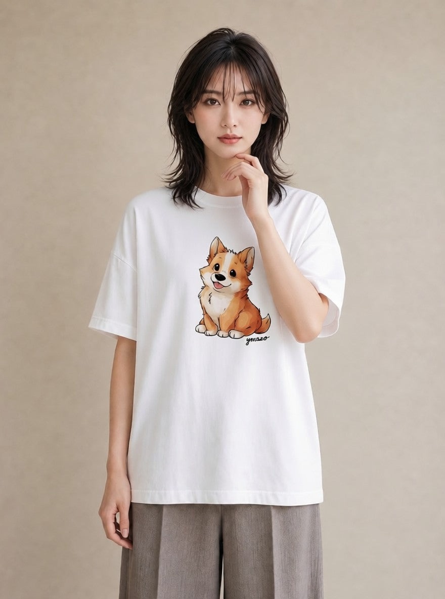 プリントTシャツ レディース ウェルシュコーギー コーギー 犬 いぬ イラスト ヴィンテージ風 旅行用 海 白T