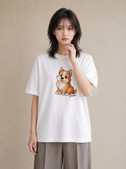 プリントTシャツ レディース ウェルシュコーギー コーギー 犬 いぬ イラスト ヴィンテージ風 旅行用 海 白T