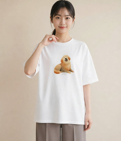 デザインTシャツ レディース ゴールデンレトリバー ゴールデン 犬 いぬ イラスト 上品 ミセス 春コーデ 白T