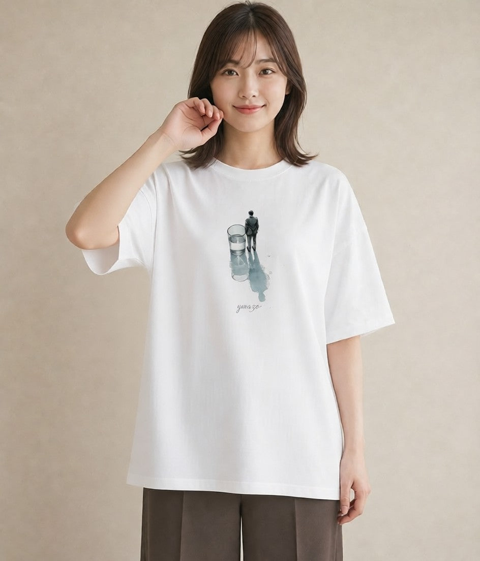 半袖Tシャツ レディース 傘 水たまり 雨 ナチュラル アンティーク イラスト 手描き風 ラフ レイヤード 白T