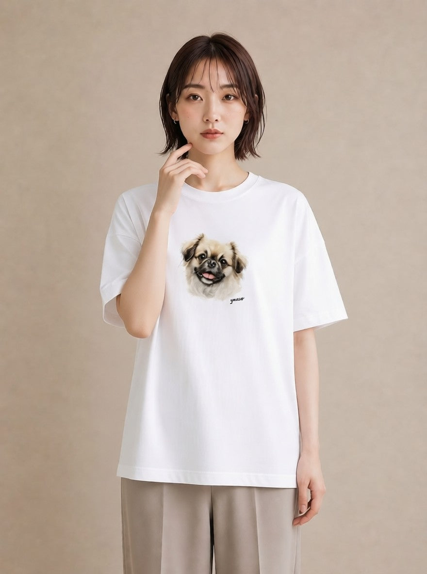 デザインTシャツ レディース 狆 犬 いぬ イラスト ヴィンテージ風 海 カフェ巡り 白T