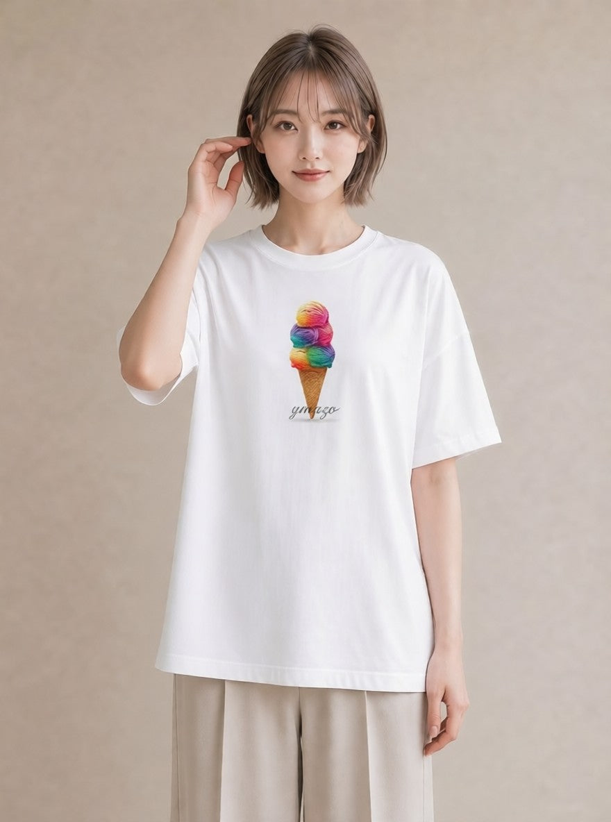 グラフィックTシャツ レディース ソフトクリーム 食べ物 フード イラスト 線画 普段着 週末コーデ 白T