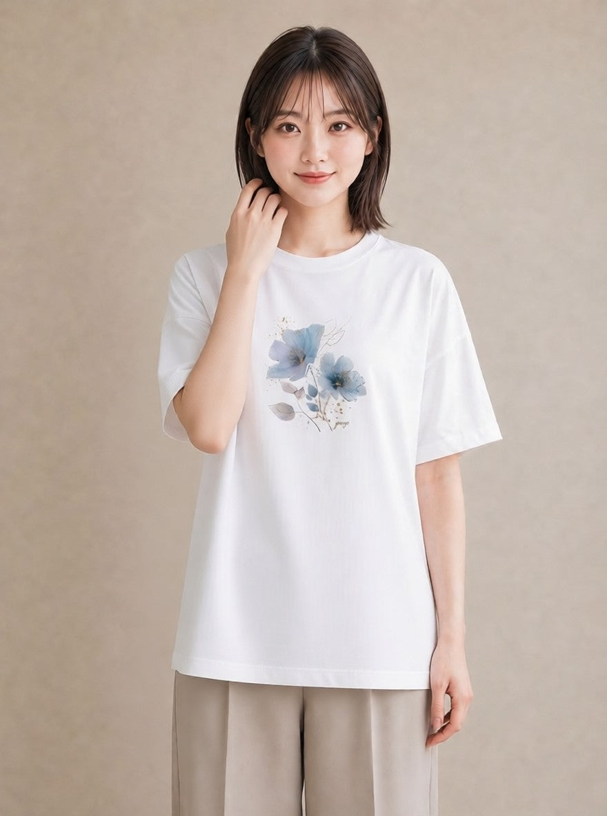 プリントTシャツ レディース あさがお 朝顔 花 花柄 イラスト 抜け感 通学 誕生日プレゼント 白T
