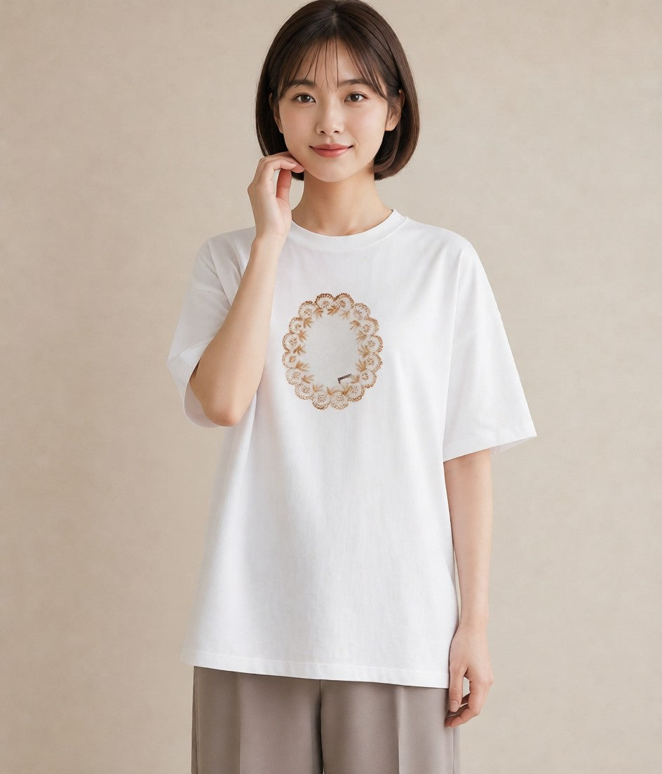 半袖Tシャツ レディース レースハンカチ レース ハンカチ ナチュラル アンティーク イラスト ユニーク ペアコーデ 秋コーデ 白T