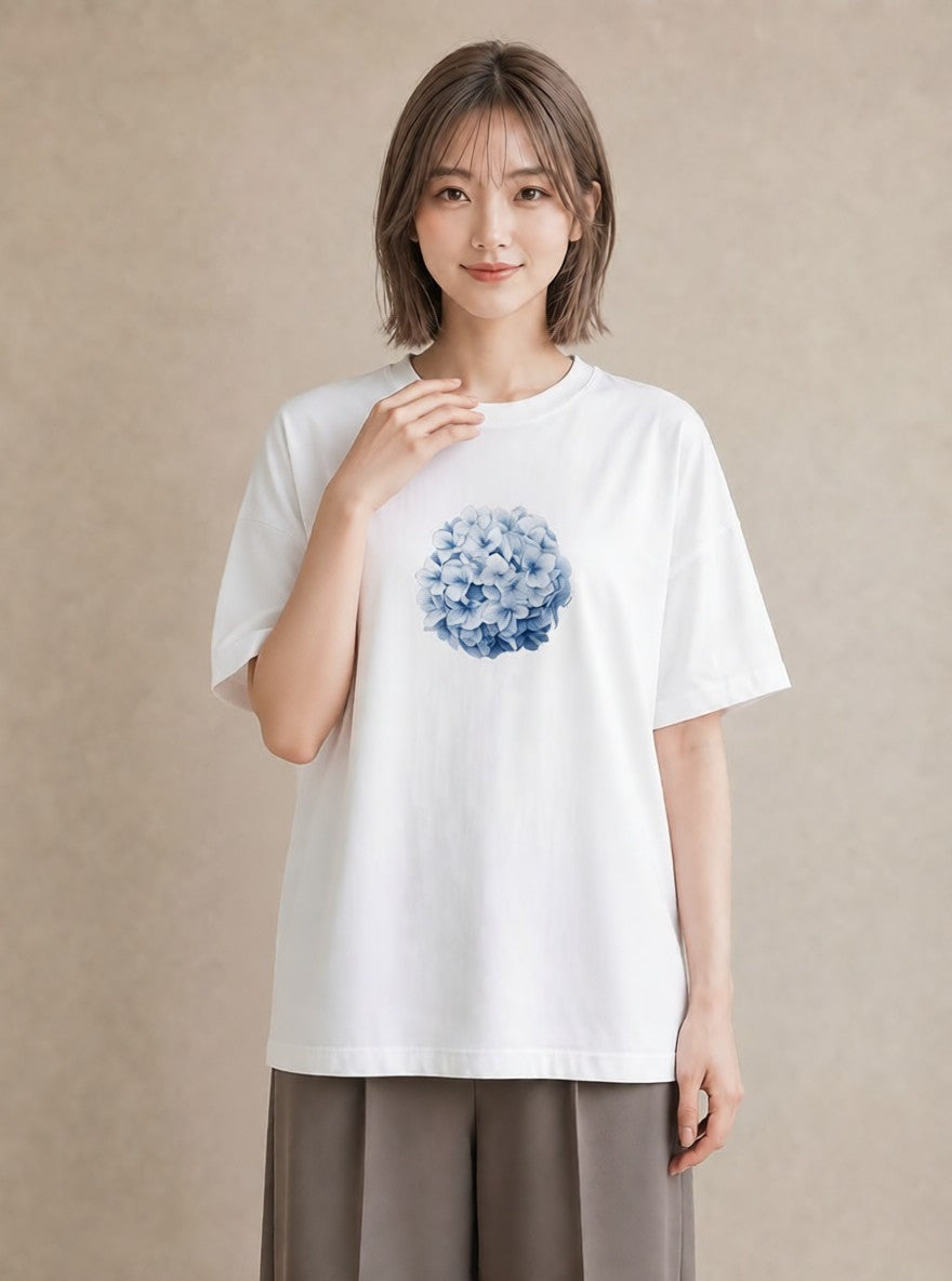 グラフィックTシャツ レディース あじさい 紫陽花 アジサイ 花 花柄 イラスト お洒落 通勤 在宅 白T
