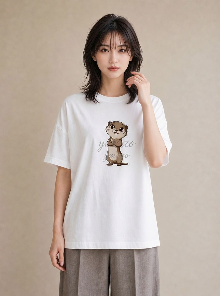 グラフィックTシャツ レディース カワウソ 動物 アニマル イラスト きれいめカジュアル ラフ レイヤード 白T