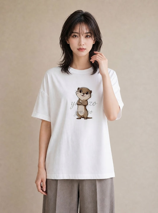 グラフィックTシャツ レディース カワウソ 動物 アニマル イラスト きれいめカジュアル ラフ レイヤード 白T