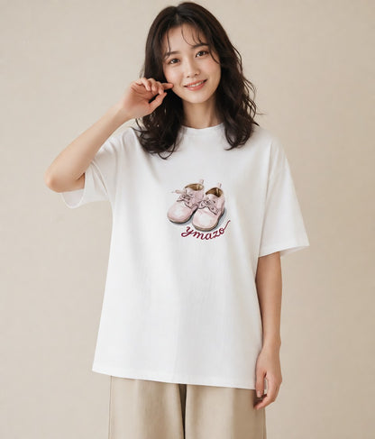 プリントTシャツ レディース バレエシューズ バレエ トウシューズ ナチュラル アンティーク イラスト ゆるコーデ 帰省 ラフ 白T
