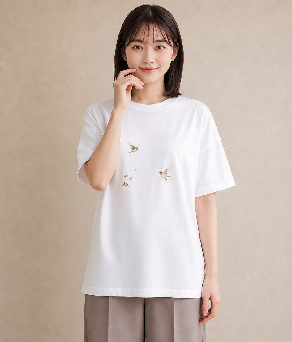 プリントTシャツ レディース 遠い家と鳥 風景 鳥 ナチュラル アンティーク イラスト ゆるコーデ 夏コーデ 通学 白T