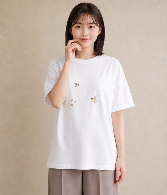 プリントTシャツ レディース 遠い家と鳥 風景 鳥 ナチュラル アンティーク イラスト ゆるコーデ 夏コーデ 通学 白T