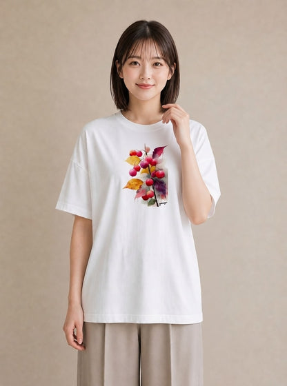 デザインTシャツ レディース 木の実 植物 ボタニカル イラスト カフェコーデ 買い物 夏コーデ 白T