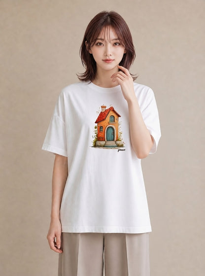 グラフィックTシャツ レディース 灯りの家 小屋 夜 ナチュラル アンティーク イラスト モード 友達ギフト 部屋着 白T