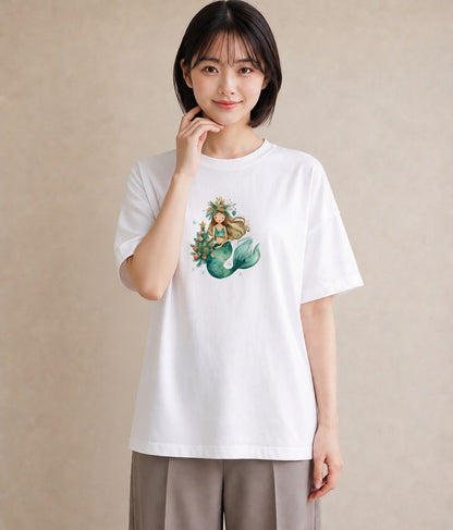 プリントTシャツ レディース 人魚 海の生き物 海 イラスト 個性的 通学 誕生日プレゼント 白T