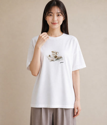 半袖Tシャツ レディース エスプレッソ 食べ物 フード イラスト 淡色 カジュアルコーデ 買い物 白T