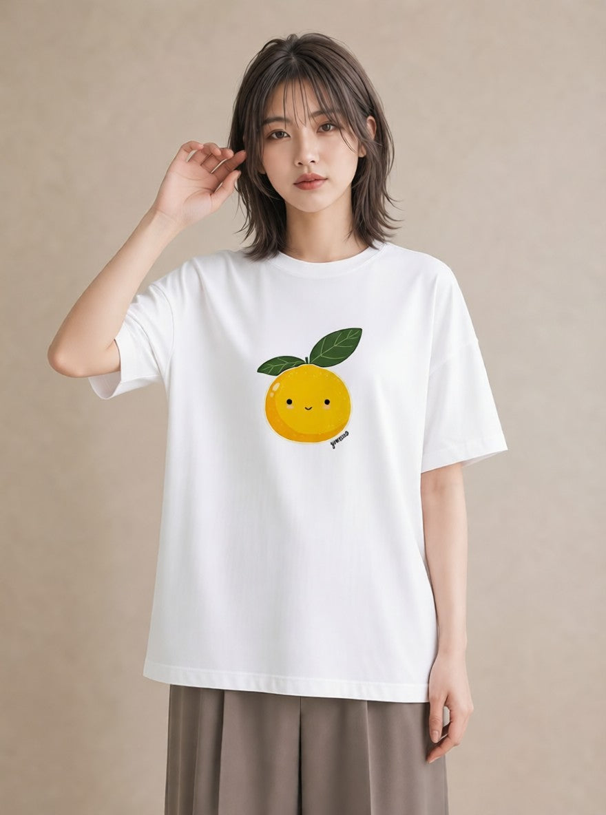 プリントTシャツ レディース みかん 食べ物 フード イラスト カフェコーデ ミセス 春コーデ 白T
