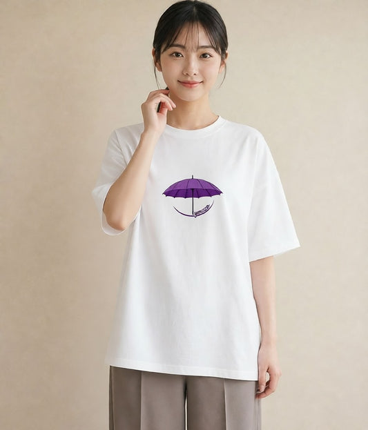 グラフィックTシャツ レディース 傘 水たまり 雨 ナチュラル アンティーク イラスト シンプル デイリーウェア 休日 白T