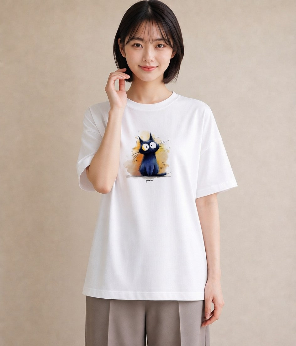 半袖Tシャツ レディース ロシアンブルー 猫 ねこ イラスト カフェコーデ 通学 誕生日プレゼント 白T
