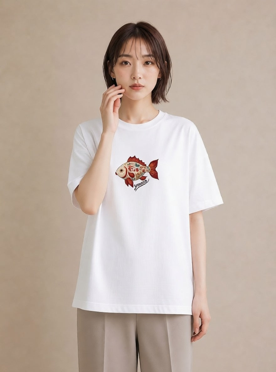 デザインTシャツ レディース 出目金 ペット 動物 イラスト ボタニカル ビーチ デイリーウェア 白T