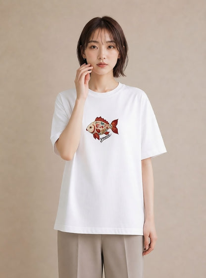 デザインTシャツ レディース 出目金 ペット 動物 イラスト ボタニカル ビーチ デイリーウェア 白T
