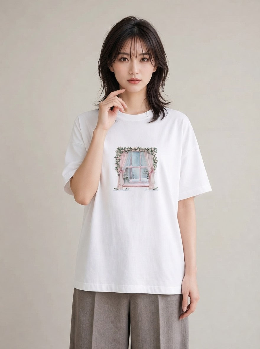プリントTシャツ レディース 窓辺の雨 雨の日 窓 ナチュラル アンティーク イラスト こなれ感 ママ カフェ服 白T