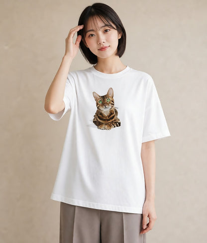 グラフィックTシャツ レディース 茶トラ 茶猫 猫 ねこ イラスト 普段使い 買い物 夏コーデ 白T
