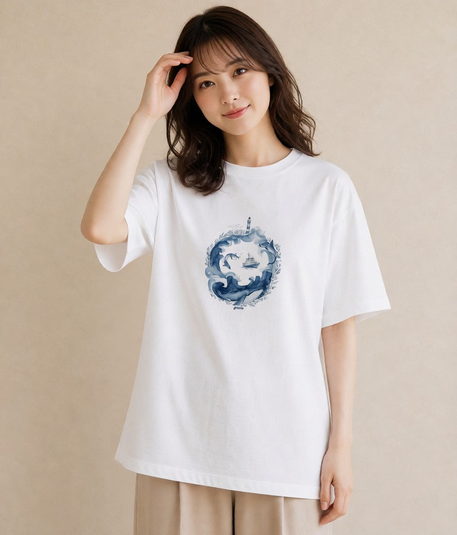 Tシャツ レディース 海 星空 宇宙 イラスト 線画 春コーデ 姉妹 白T