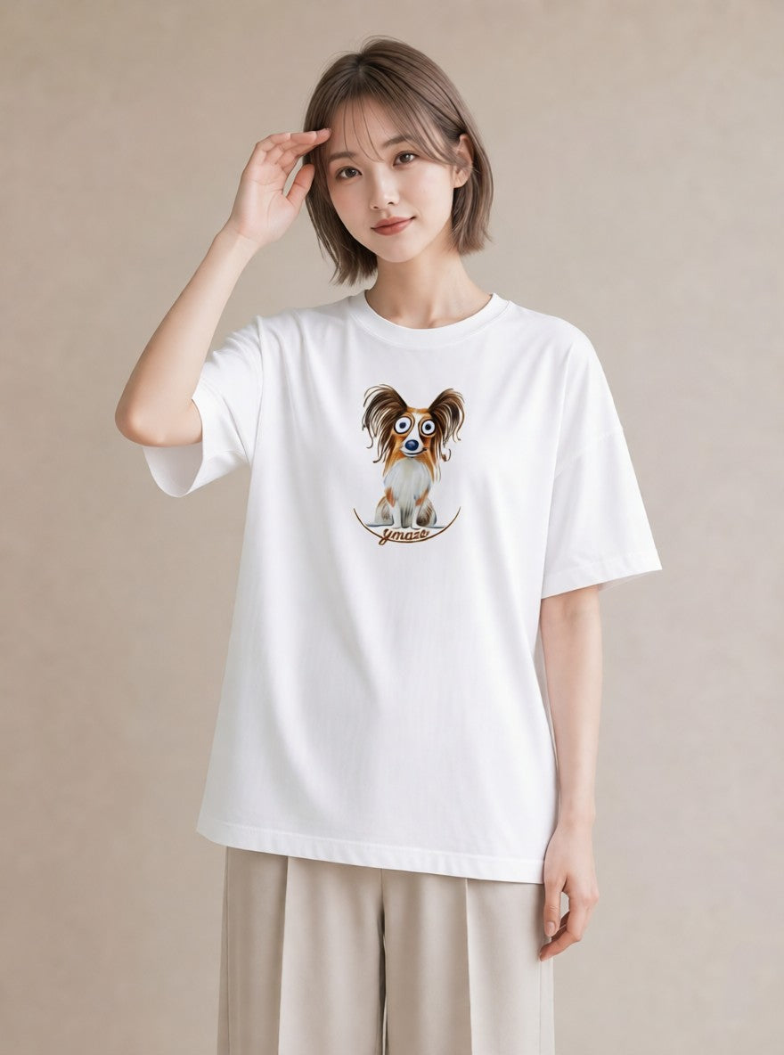 半袖Tシャツ レディース パピヨン 犬 いぬ イラスト ゆるコーデ 通勤 在宅 白T