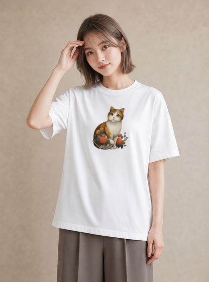 Tシャツ レディース 茶トラ 茶猫 猫 ねこ イラスト 水彩風 公園 ママ 白T