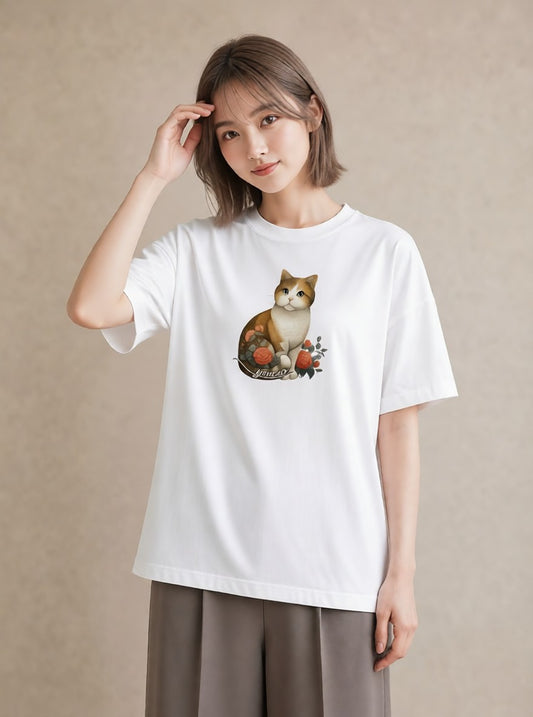 Tシャツ レディース 茶トラ 茶猫 猫 ねこ イラスト 水彩風 公園 ママ 白T