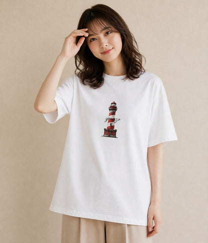 デザインTシャツ レディース 灯台 霧 海 ナチュラル アンティーク イラスト 休日コーデ 綿100 デート 白T