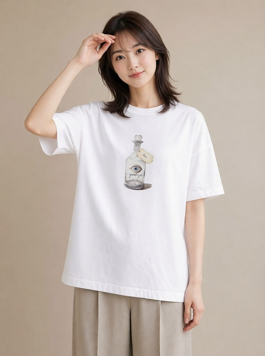 Tシャツ レディース ガラス瓶 小枝 ボタニカル ナチュラル アンティーク イラスト カジュアル 自分用 ルームウェア 白T